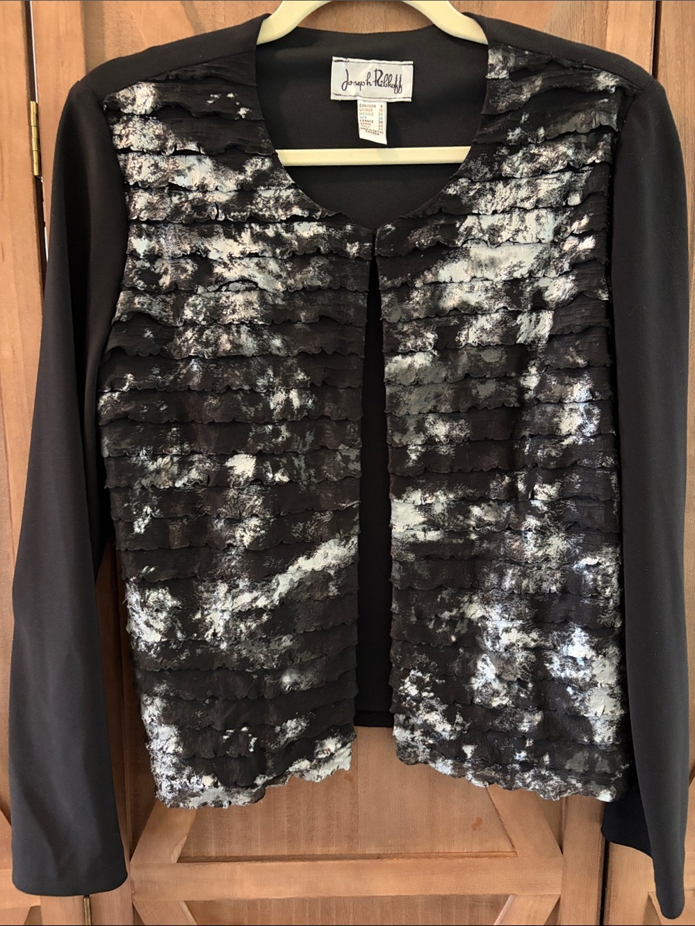 JOSEPH RIBKOFF Black and White Ruffle-Front Open Jacket SIZE 8